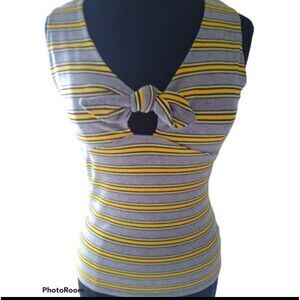 Women's Yellow and Gray Striped Knit Tank Top Front Knot Detail and Cutout Small